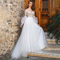 glitter tulle wedding dress o neck backless puff sleeves a line lace appliques ivory bridal gowns floor length vestido de novia