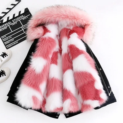 Black Pink White Детское зимнее пальто куртка из искусственного меха лисы для мальчиков и девочек Толстая теплая парка большое меховое пальто с капюшоном Детская верхняя одежда - Цвет: Black Pink White
