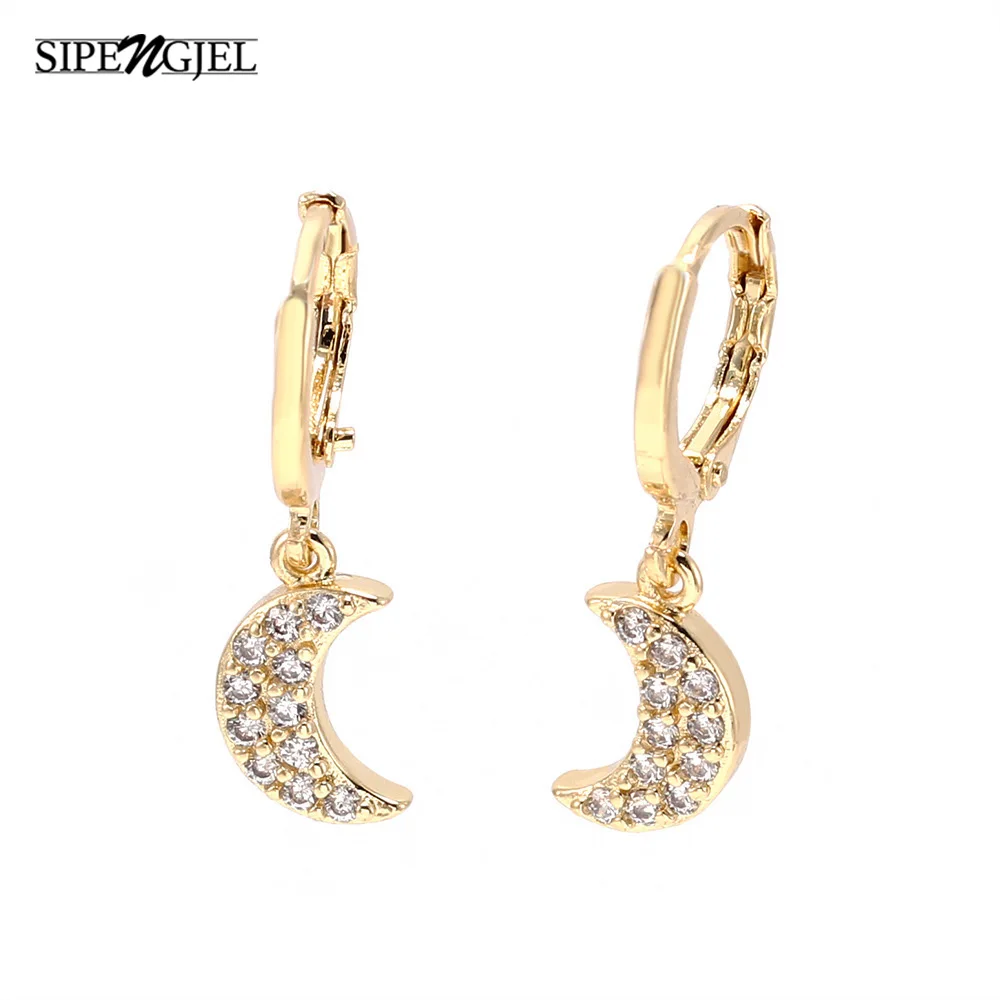 Крошечные трендовые серьги-подвески с фианитом и золотым месяцем маленькие
