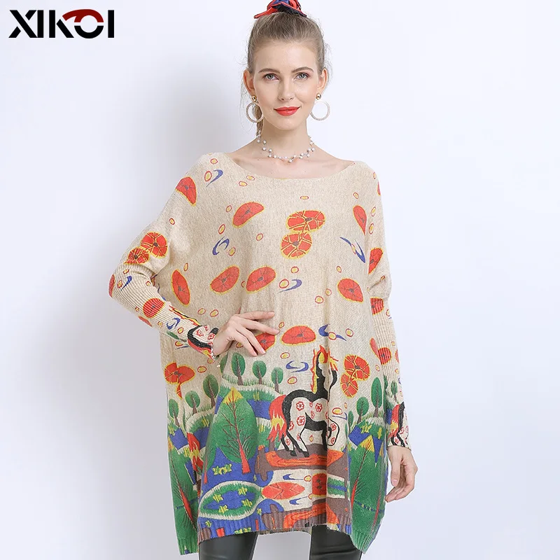 

AISTELIK2020 autumn and winter new women's mid-length sweater sweater pullover dress cartoon print bat sleeve sweater sweater