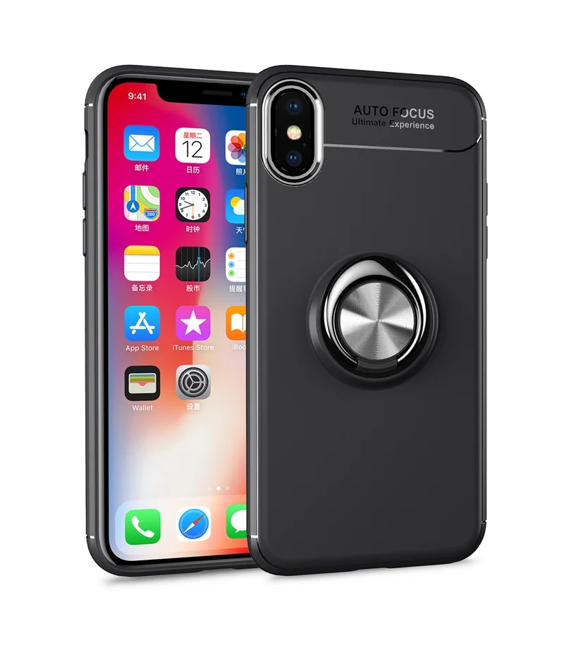 Чехол для телефона s Крышка корпуса ля iPhone x магнитное кольцо кронштейн мягкий матовый Силиконовый светильник и Тонкий Модный чехол для iPhone x Coque - Цвет: Черный