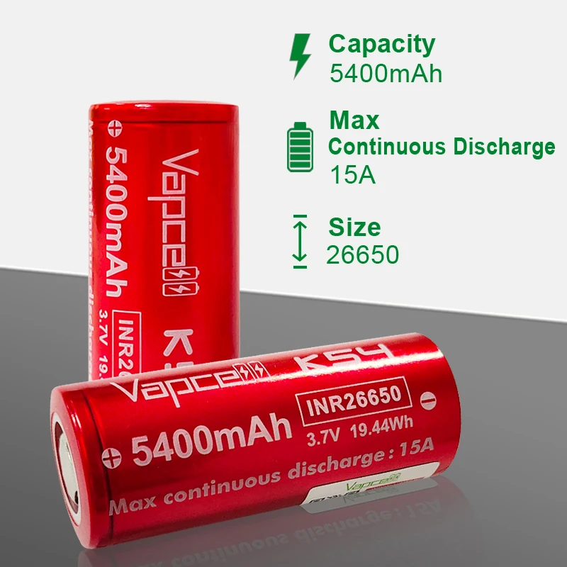 Оригинальный литий-ионный аккумулятор VapCell INR 26650 5400 мАч 15 А K54 3 7 в аккумуляторная