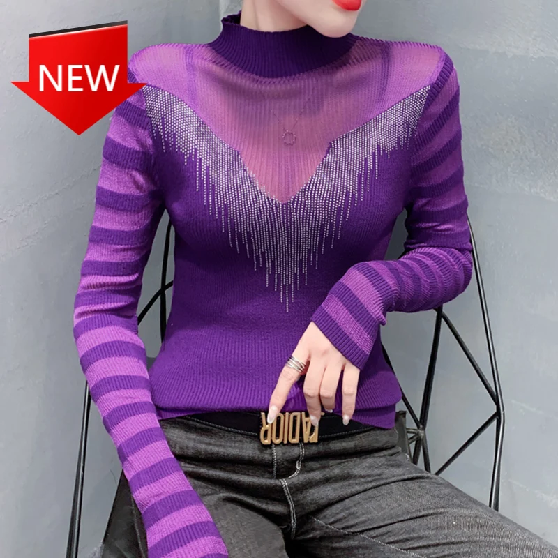 

Knitted 2021 Spring New Female Stripe Long-Sleeve Sweater Undefined Pullover Hot Drills Sexy Half Turtleneck Net Yarn Splicing