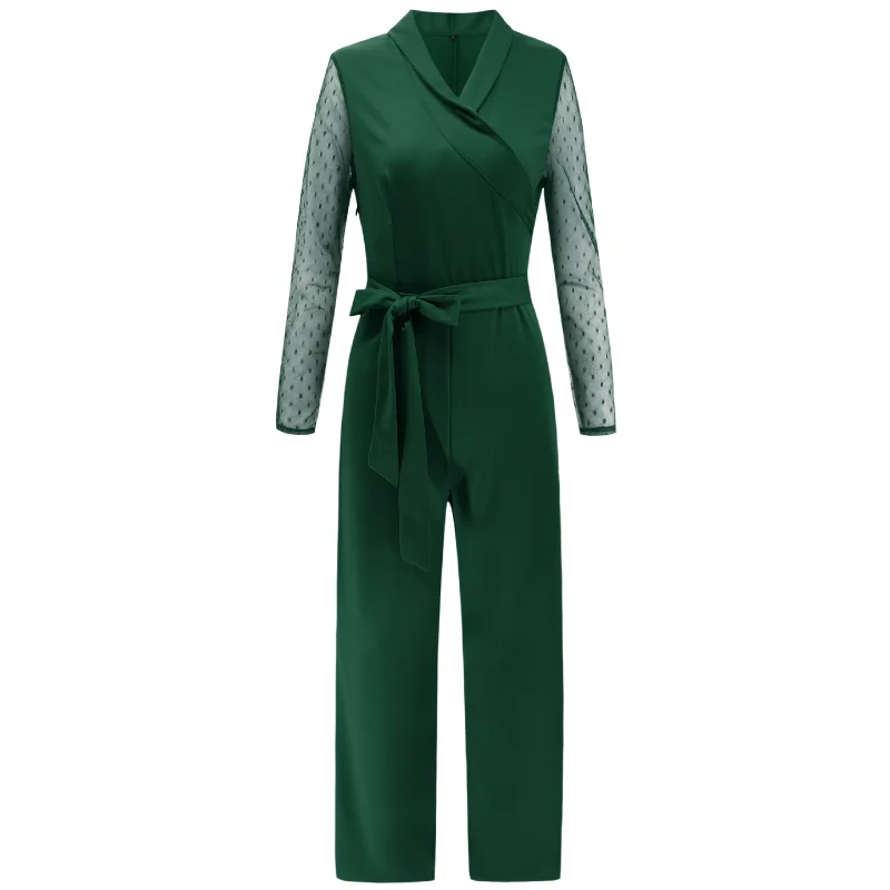 

Women's 2021 new v-neck waist stitching polka-dot long-sleeved jumpsuit