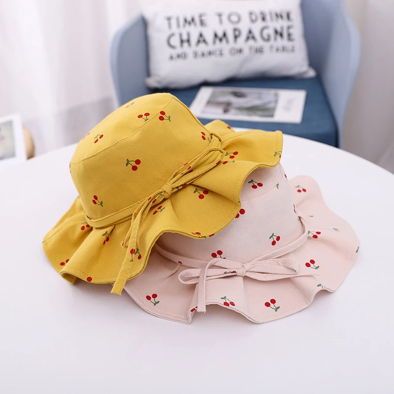 

Пляжная шляпа от солнца для младенцев на открытом воздухе, шляпа с милыми фруктами вишни, Панама для маленьких девочек с принтом, Детские ке...
