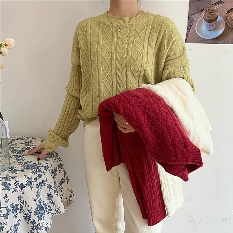 

O-neck Twisted Knitted Jumper Sweater Women 2020 Winter Solid Fashion Korean Loose Female Chic Soft Pullover Tops Femme