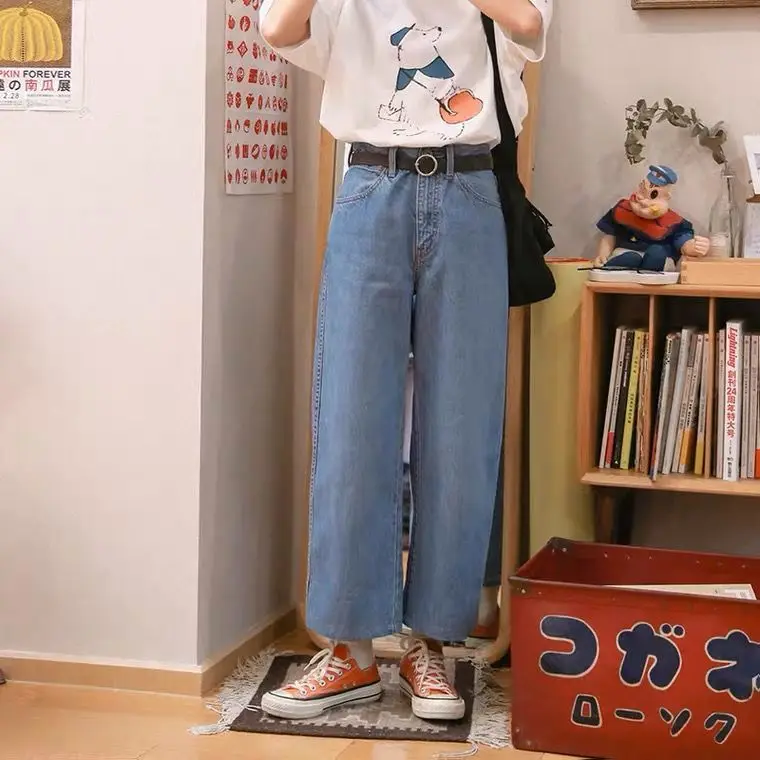 

Small 150 spring and summer new high waist slim jeans female student loose and versatile wide leg straight pants ins fashion