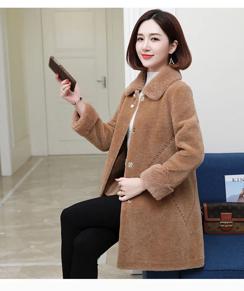 

Women 2020 Winter Real Fur Coat Soft Natural Sheep Shearing Wool Jacket Female Plush Genuine Lamb Fur Liner Mid-length Overcoat