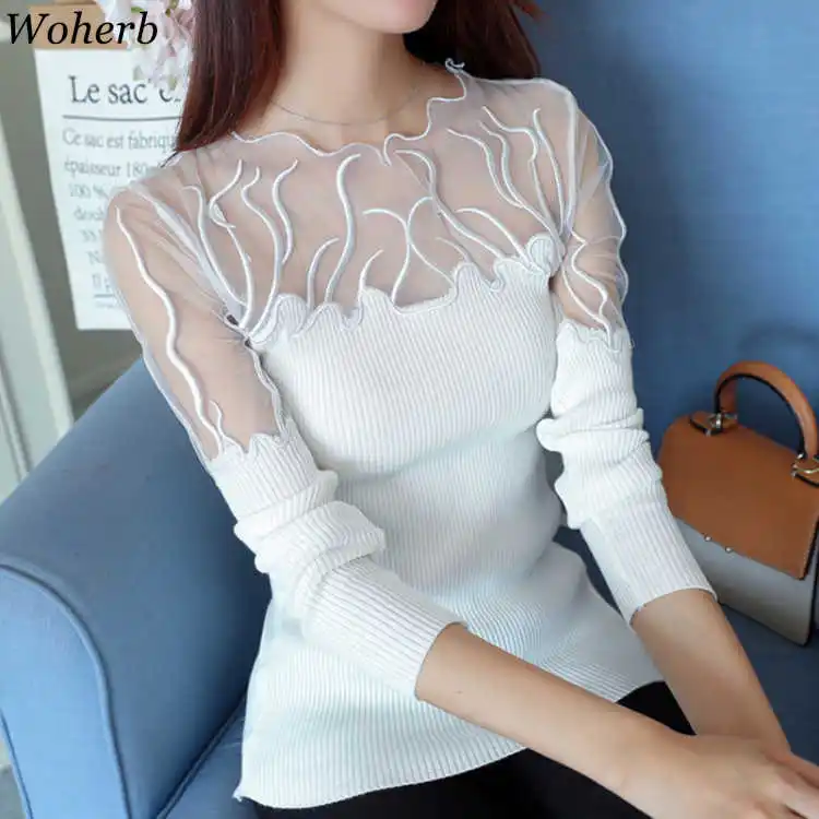 Woherb Black Sweater Women Half Turtleneck Long Sleeve Pullovers Lace Patchwork See Through Slim Knit Tops Korean Fashion 90961 | Женская