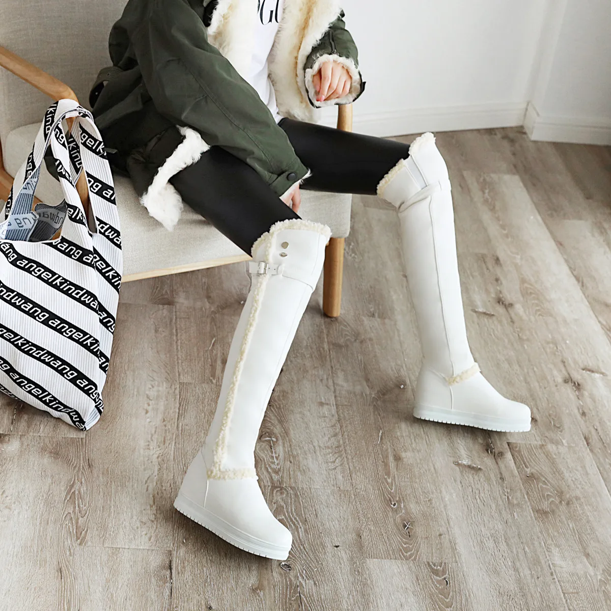 ENMAYER Winter PU Height Increasing Over-the-Knee Boots Slip-On Flat Round Toe Thigh High Short Plush Bordered Buckle Shoe | Обувь