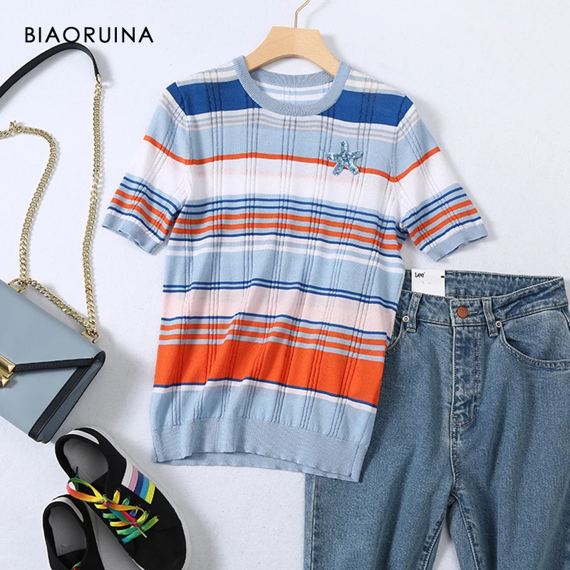 BIAORUINA Женская модная разноцветная полосатая теннисная Футболка с блестками и
