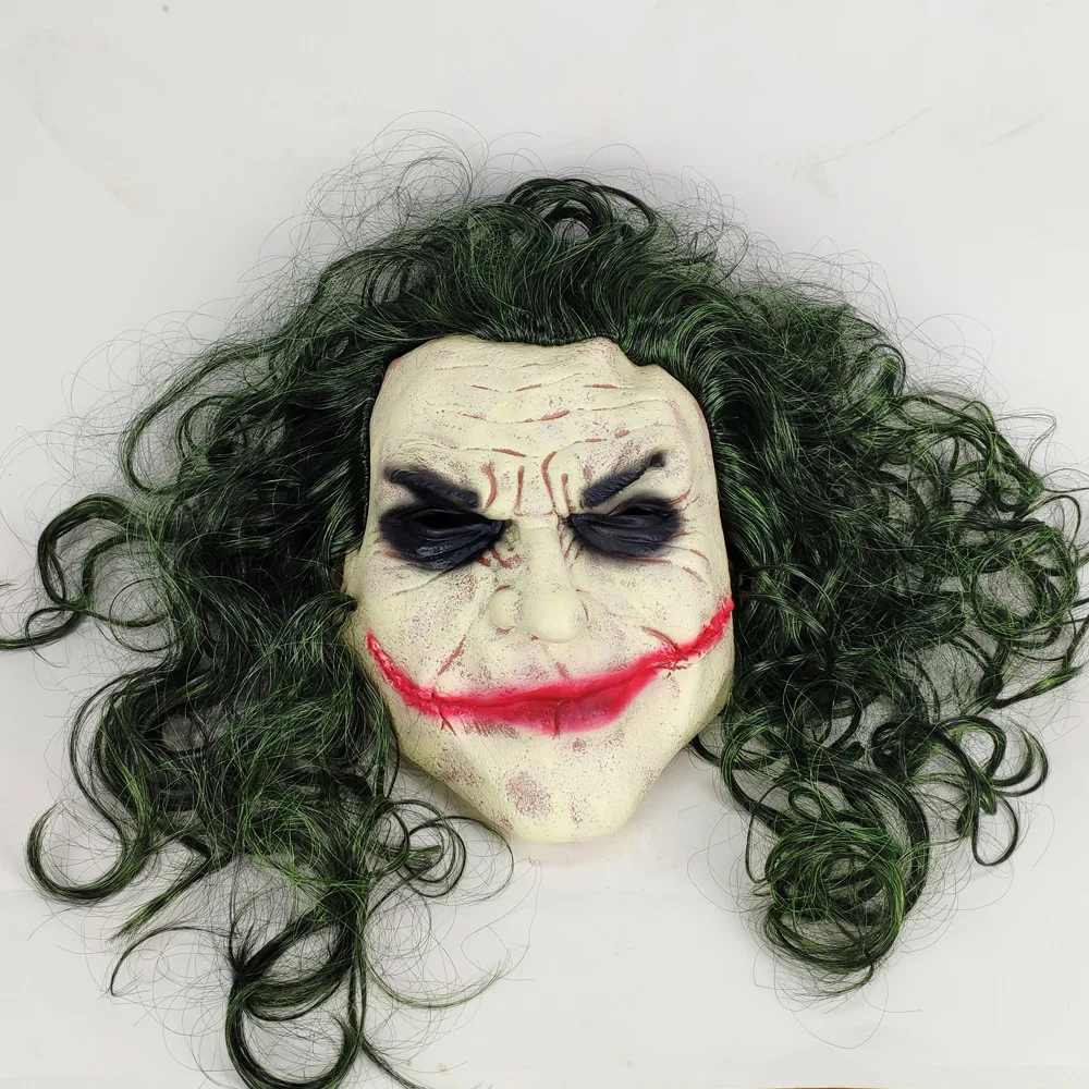 

Joker Mask Movie The Dark Knight Cosplay Horror Scary Clown Mask with Green Hair Wig Halloween Latex Masks Party Costume