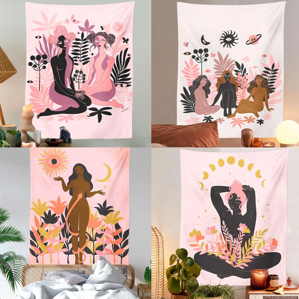 

Милый женский розовый гобелен на стену Мандала Цветочные листья эстетическое Бохо Декор Солнце Луна Психоделическое настенное одеяло
