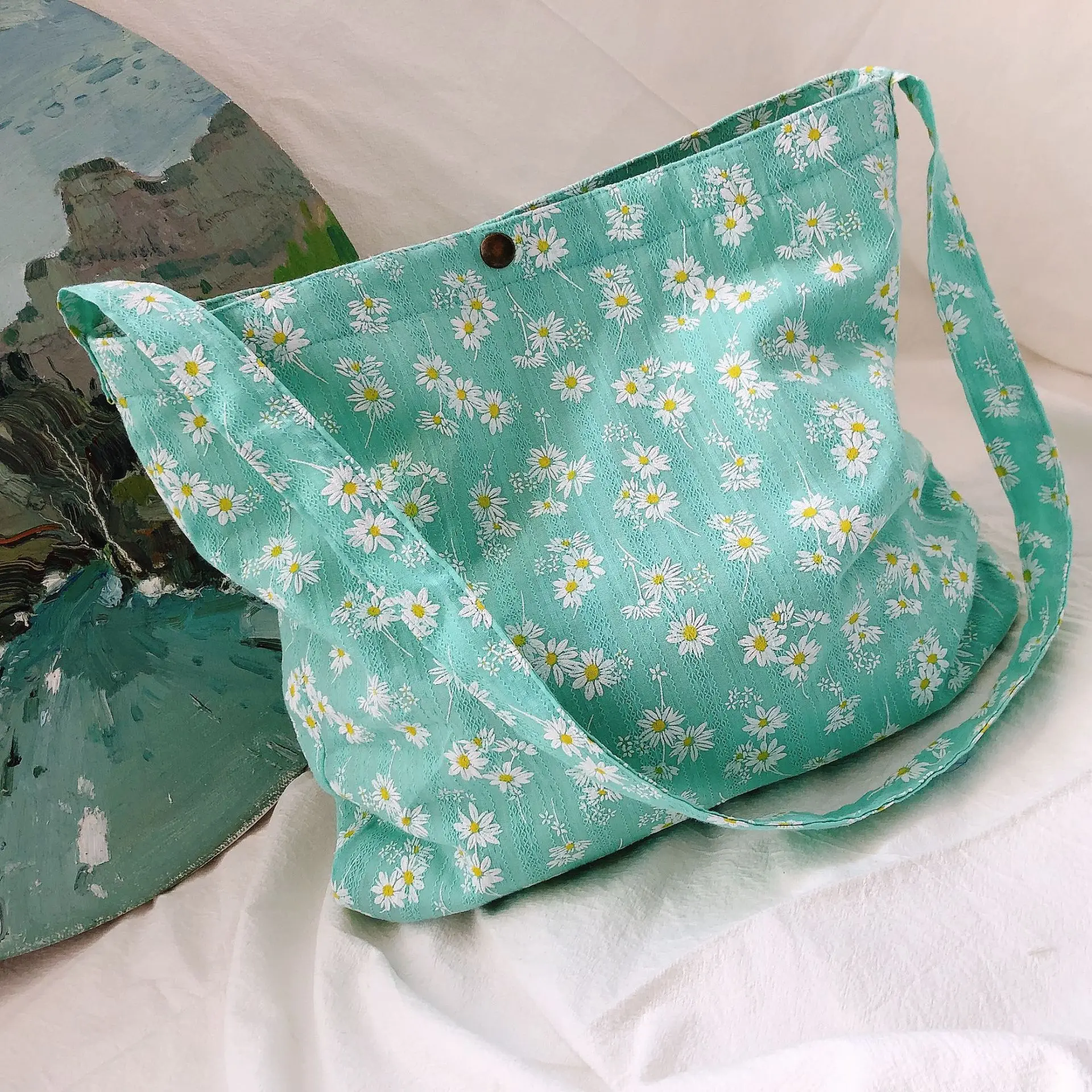 

Women Canvas Shoulder Bag Daisy Print Cotton Cloth Designe Retro Handbag Shopping Tote Environmental Bags