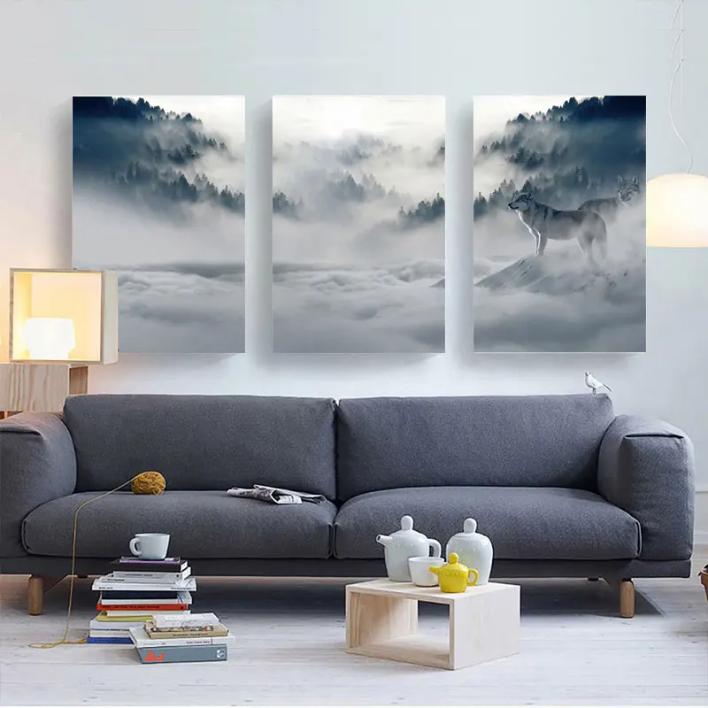 Картина на холсте настенная печать 3 шт. Лесной Волк пейзаж картина закат постеры
