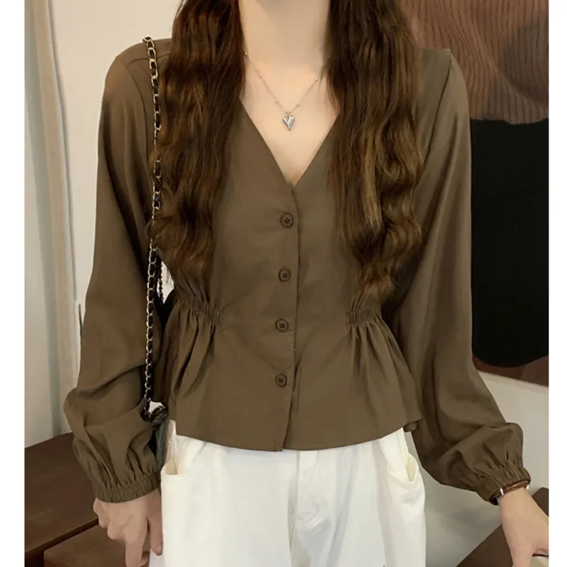 

Плиссированная рубашка с V-образным вырезом и длинным рукавом, Женская Корейская рубашка 2021, Женская облегающая и приталенная блузка на ран...