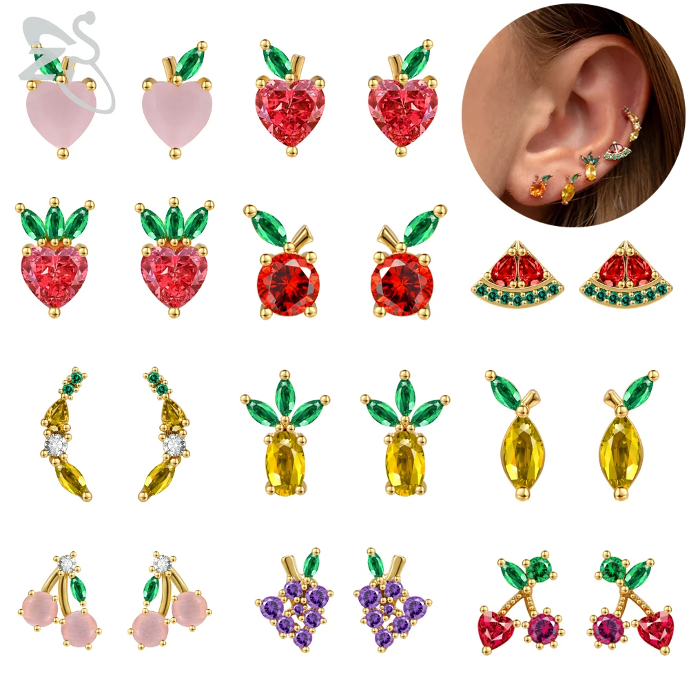 ZS 1 пара фрукты серьги-гвоздики для женщин 20g Красочные CZ кристалл вишня виноград