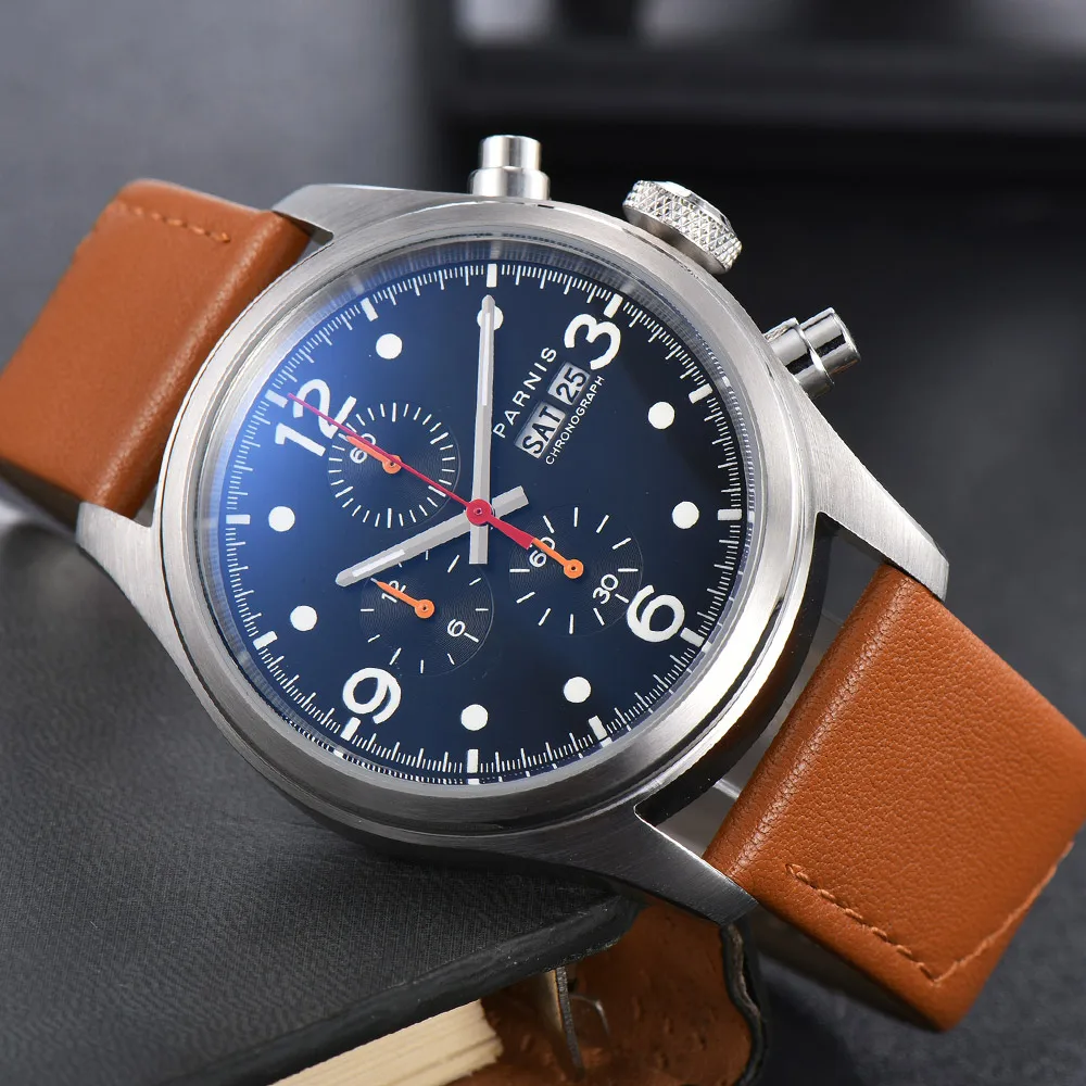 

42mm Parnis Black Dial Quartz Mens Watch Sport Chronograph Date Week Function Round Case Leather Strap Clock