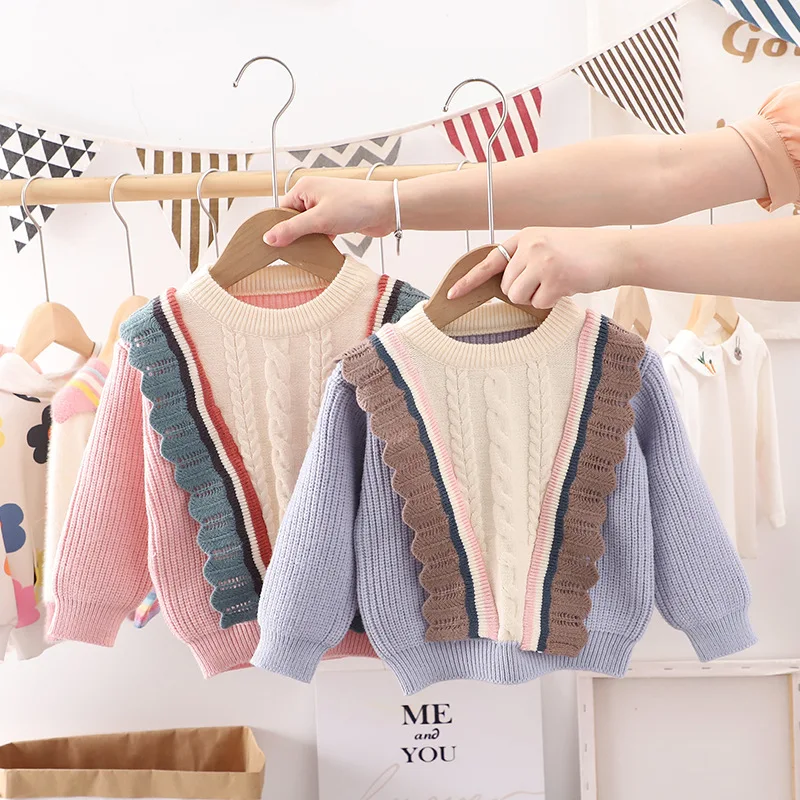 

Kids Girls spring clothes lace flat stitch pullover sweaters for toddler children girls clothing fashion design lace sweaters