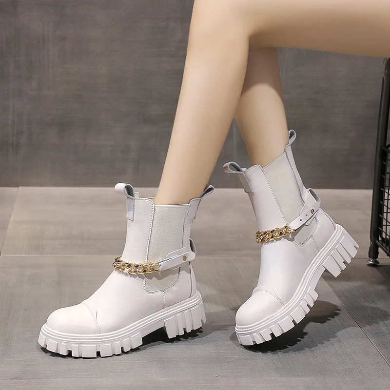 

New Women Ankle Boots Stretch Slip-On Ladies Shoes Motorcycle Platform Short Boots Female Casual Leather Fashion Footwear 2021