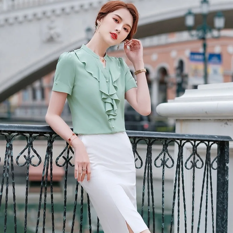 Summer Fashion Women Shirts Ruffles Short Sleeve Office Ladies Blouse and Tops OL Styles Work Wear Green | Женская одежда