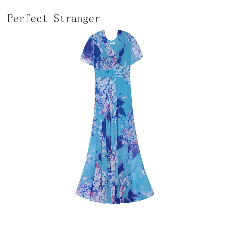 

High Quality 2021 Summer Dress For Women V Collar Floral Printed Short Sleeve Women Chiffon Long Dress Plus Size