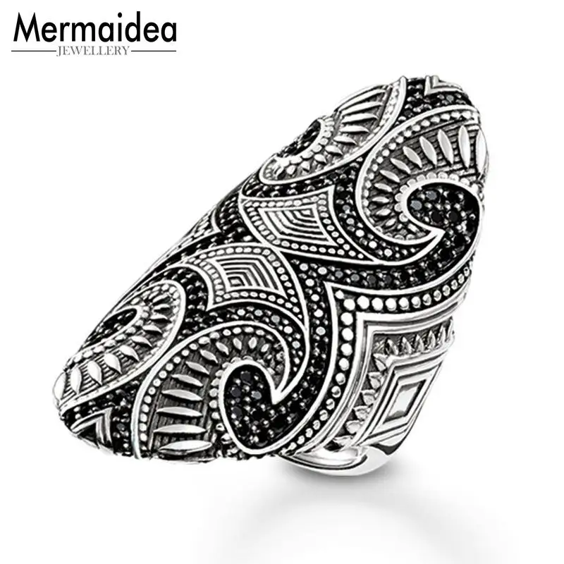 Кольца в этническом стиле маори с черным цирконием и серебряным покрытием