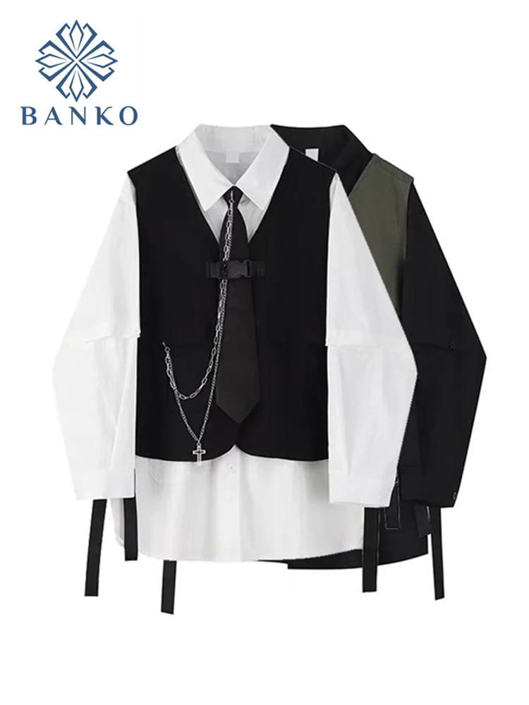 Two Piece Sets Spring Autumn Women's Streetwear Fashion Tooling Style Vest And Solid Color Loose Long Sleeve Shirts Ladies Set