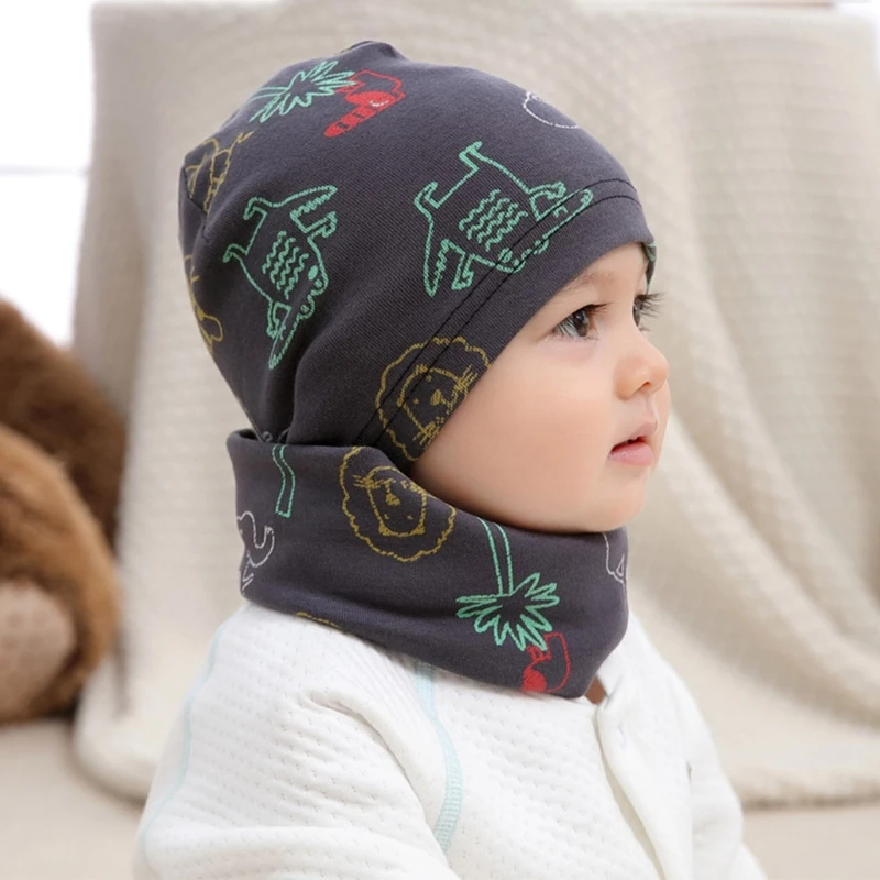 

T5EC 3Pcs/Set Cotton Baby Hat Set Cartoon Print Flowers Print Cap Scarf for Boys Girls Autumn Winter Infant Hats Baby Cap Bib