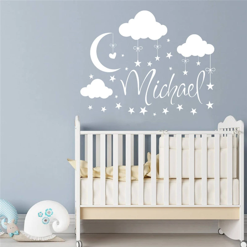 

Наклейка на стену с Луной и звездами, украшение для спальни, наклейка с именем на заказ, настенное украшение для детской комнаты, Детская Нак...