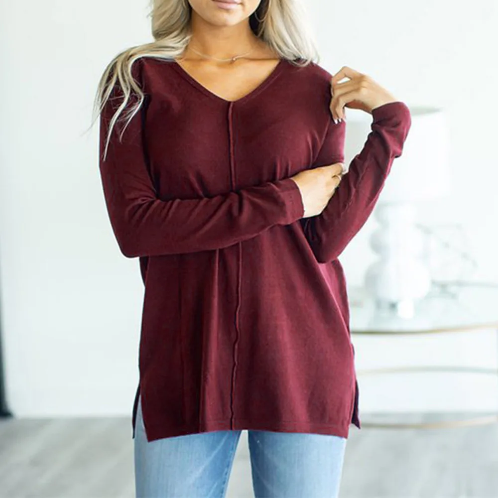 

knitted long sleeve t shirt women autumn tops casual solid v-neck Pullover tshirt female d90926