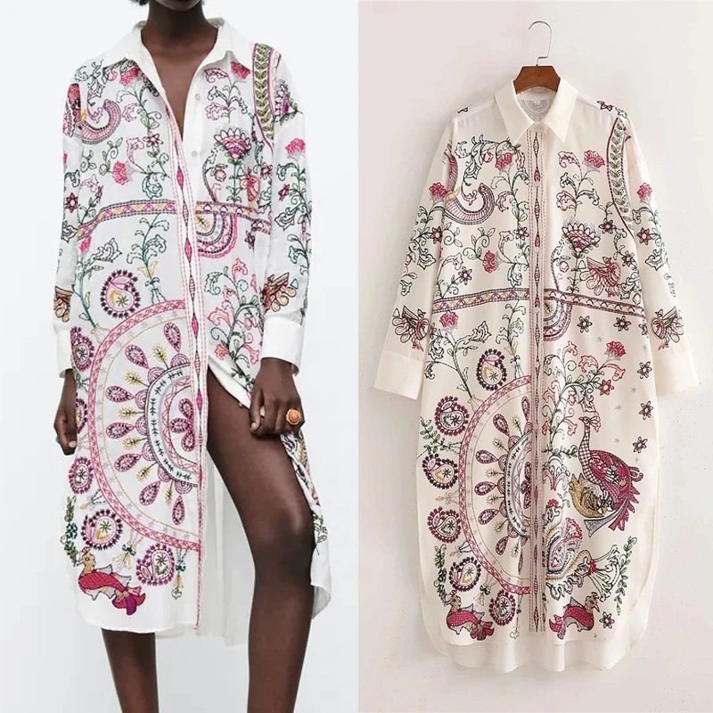 

Za 2021 White Long Shirt Women Print Button Up Shirt Woman Vintage Long Sleeve Blouse Female Asymmetric Hem Summer Top