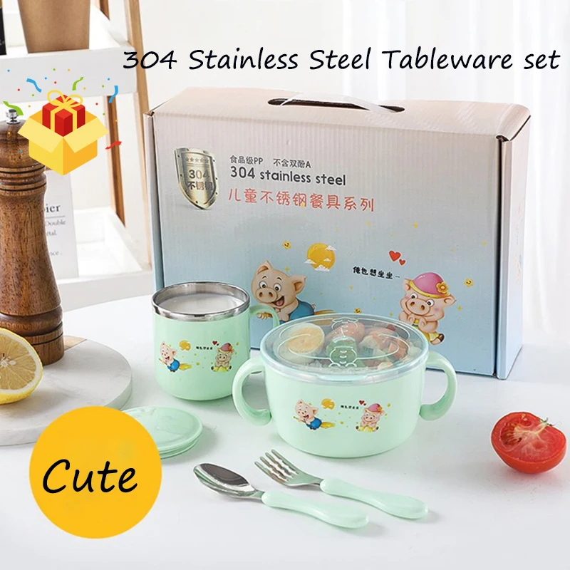 

4 Pcs Stainless Steel Feeding Dinnerware Dinner Set Suction Tableware Platte Plate Bowls Platos Para Bebé Baby Dishes Cup Spoon