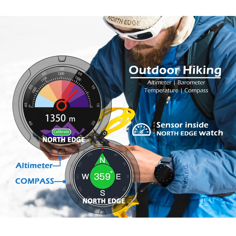 

NORTH EDGE Men Sports GPS Watch Altimeter Barometer Thermometer Compass Heart Rate Monitor Pedometer Digital Climbing Watch
