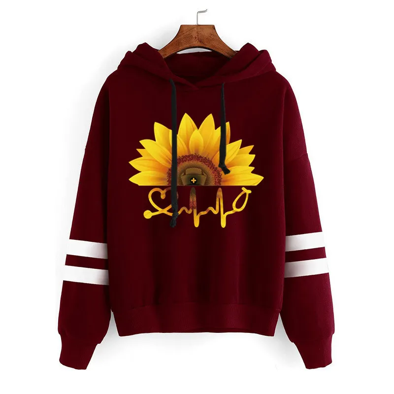 

Women Hoodie Sunflower Heartbeat Printed Hoodies Women Double Striped Long Sleeve Fleece Sweatshirt with Hat Girls Pullovers