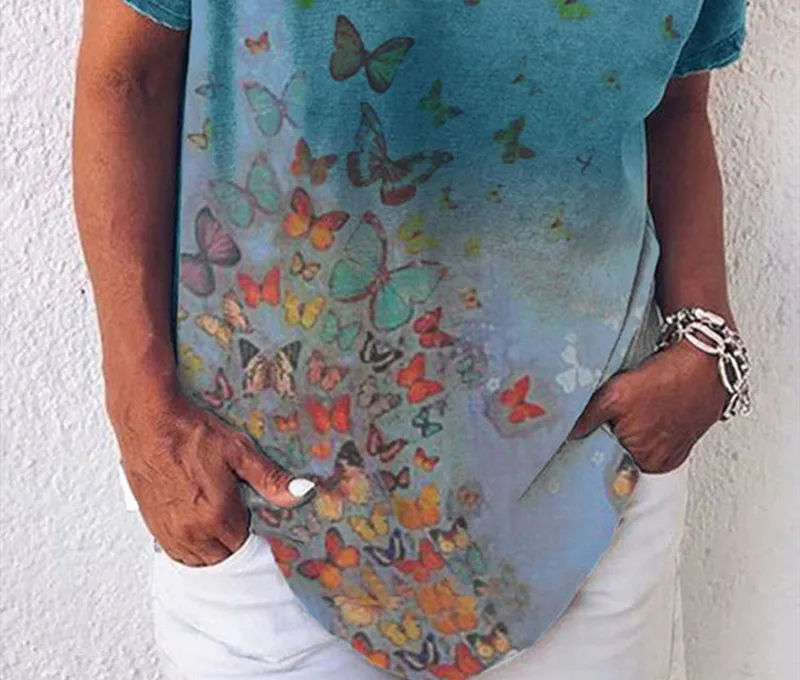 

Casual V Neck Butterfly Print Women T-shirt Summer Solid Color Short Sleeve Loose Tops