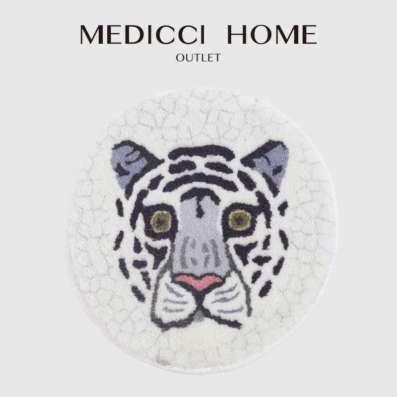 

Medicci Home Indian Handmade Cushion Chair Mat Extra Soft And Absorbent Shaggy Bath Rugs White Tiger Head Circular Carpet Luxury