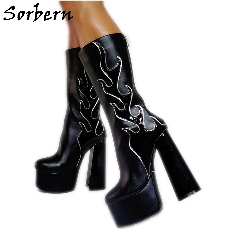 

Sorbern Black Block High Heel Boots Knee High Women Chunky Heeled Platform Shoes Custom Wide Fit Calf Legs Shoes Flame Styles