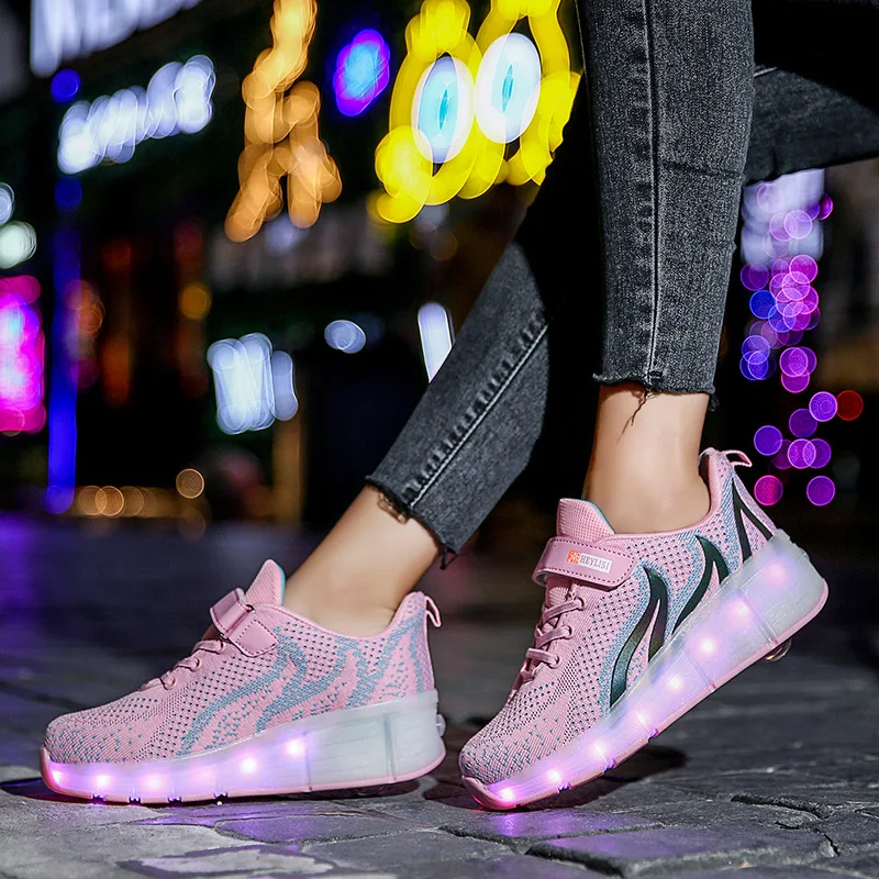 Kids Glowing Sneakers with wheels Led Light up Roller Skates Sport Luminous Lighted Shoes for Boys USB Charging LED shoes | Спорт и