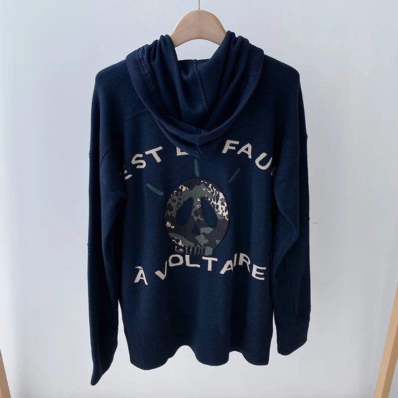 

Женская хлопковая толстовка с капюшоном, темно-синяя свободная Вязаная толстовка с капюшоном и принтом черепа на спине, 100%