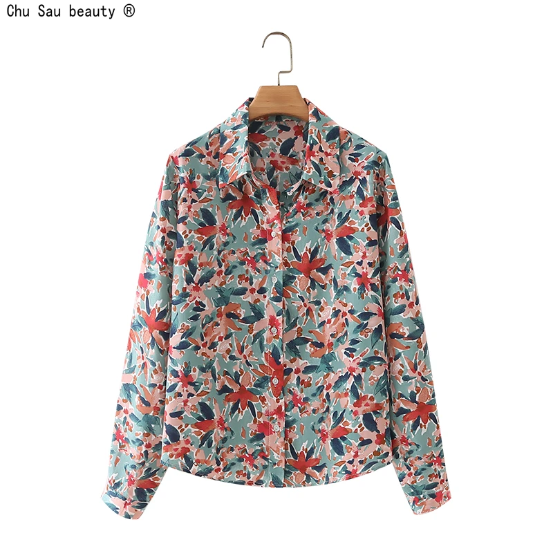 

Женская рубашка с отложным воротником, Повседневная однобортная Свободная рубашка с длинным рукавом и винтажным цветочным принтом, Новинк...