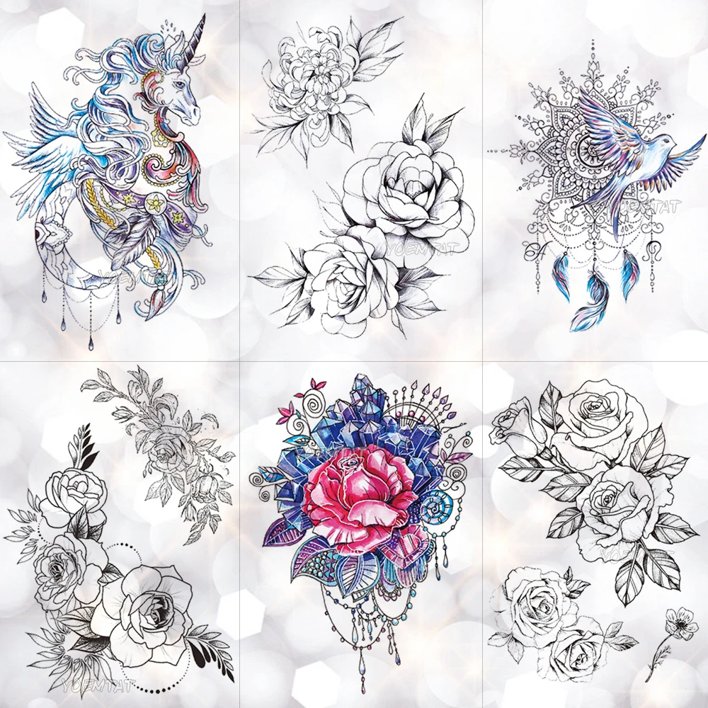 

Lace Dream Catcher Unicorn Waterproof Temporary Tattoo Sticker Diamond Crystal Rose Tattoos Body Art Arm Hand Women Fake Tatoo