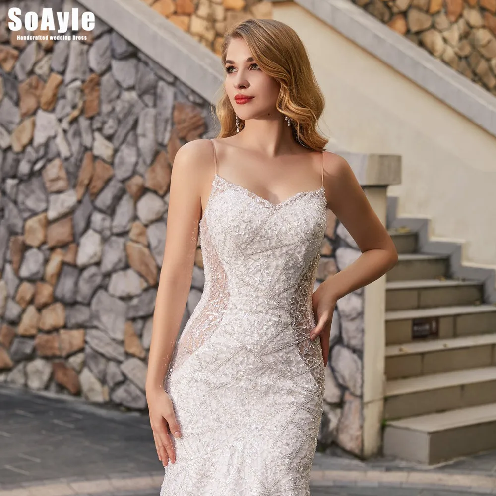SoAyle #W40 Spaghetti Sleeves Sequins Mermaid Wedding Gown Sexy Luxurious Open Back Wedding Dresses Plus Size Vestido De Novia