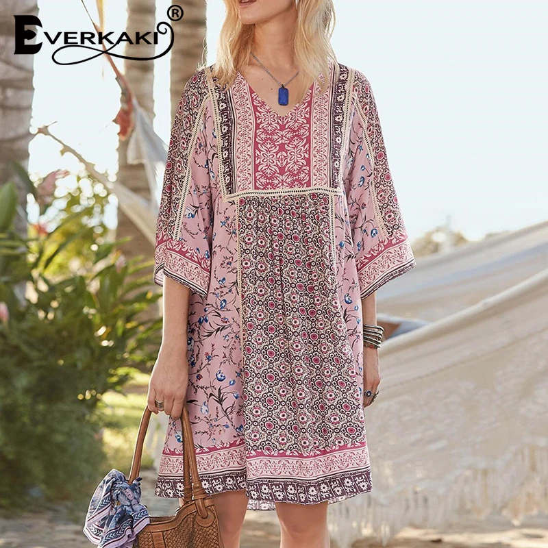 

Everkaki Boho Floral Print Dresses Women Summer Beach Tunic Vestidos Pink Party Oversized Size Knee Length Dress Female 2021 New