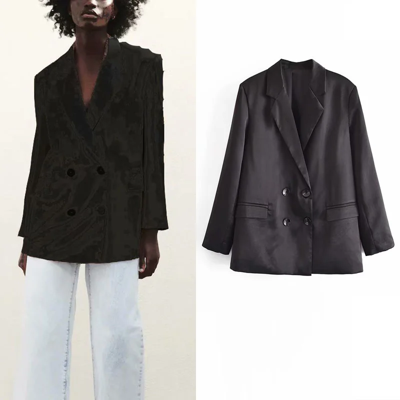 

ZA Black Double Breasted Blazers Women 2021 Fashion Lapel Long Sleeve Flap Pocket Blazer Casual Loose Button Female Blazer Mujer