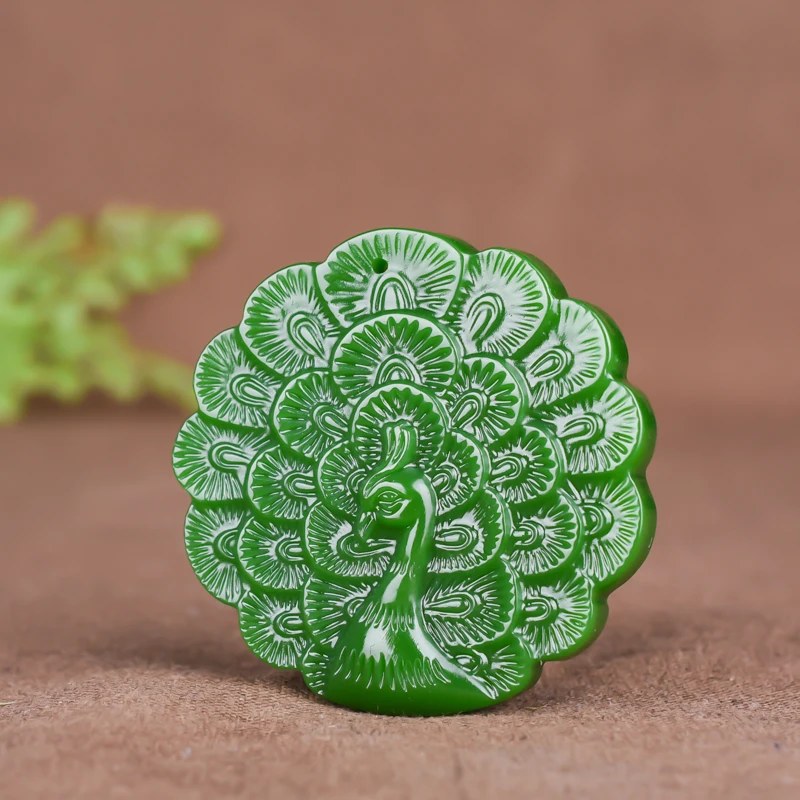 

Chinese Natural Peacock Green Jade Pendant Necklace Hand-carved Charm Jadeite Jewelry Fashion Amulet Gifts for Men Women