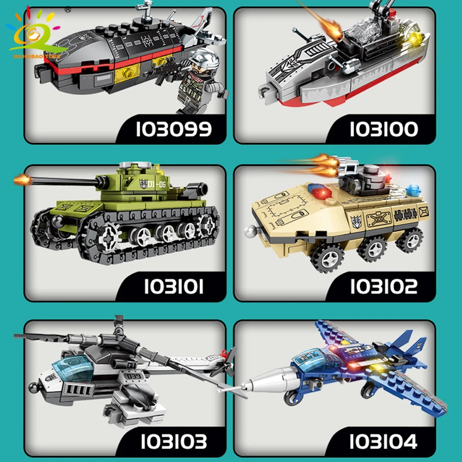 HUIQIBAO 733 шт 6в1 колесница автомобиль деформация робот строительные блоки военные