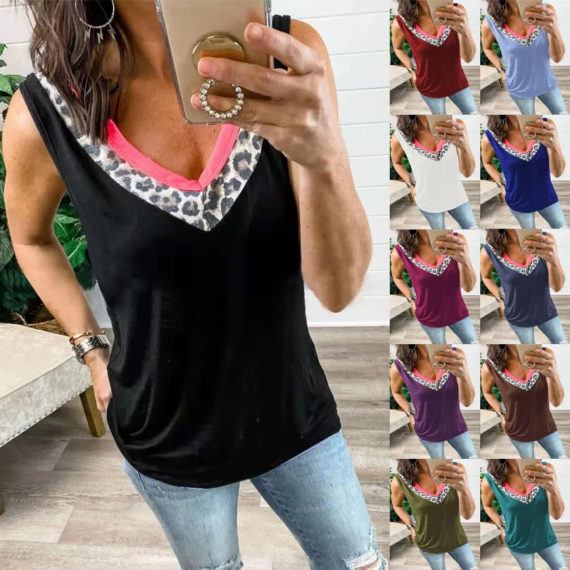 

New 2021 Summer Women Fashion Leopard Patchwork V-neck Vest Sleeveless Casual Tops Ladies Tank Tops T-Shirts S-5XL