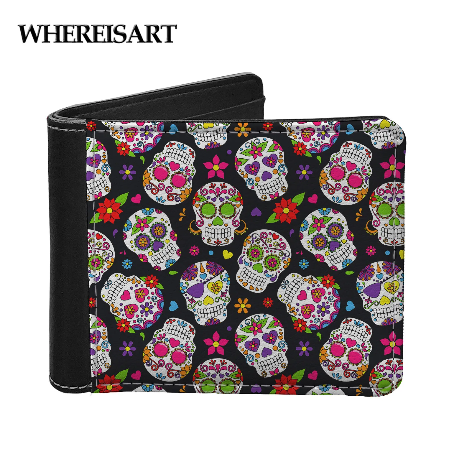

WHEREISART HOT Leather Men Wallet Small Mini Card Holder Male Cool Skull Floral Printing Wallet Pocket Retro Purse High Quality