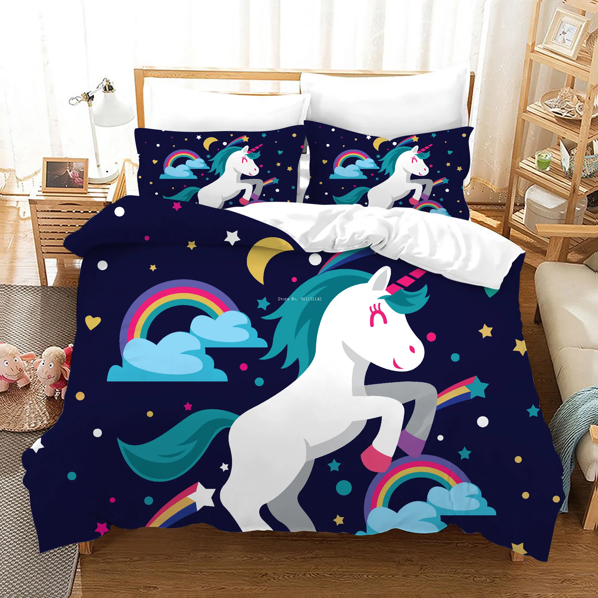 Комплект постельного белья Q Version мультяшный Радужный Единорог с принтом